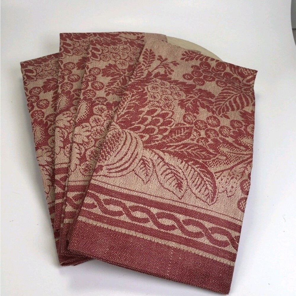 Williams Sonoma Set (4) Cornucopia Jacquard Cranberry Napkins Cotton/Linen